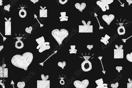 Black and white pattern. Black background with heart, ring, arrow, present and toy bear.