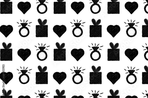 Black and white pattern. White background with heart, ring and present.
