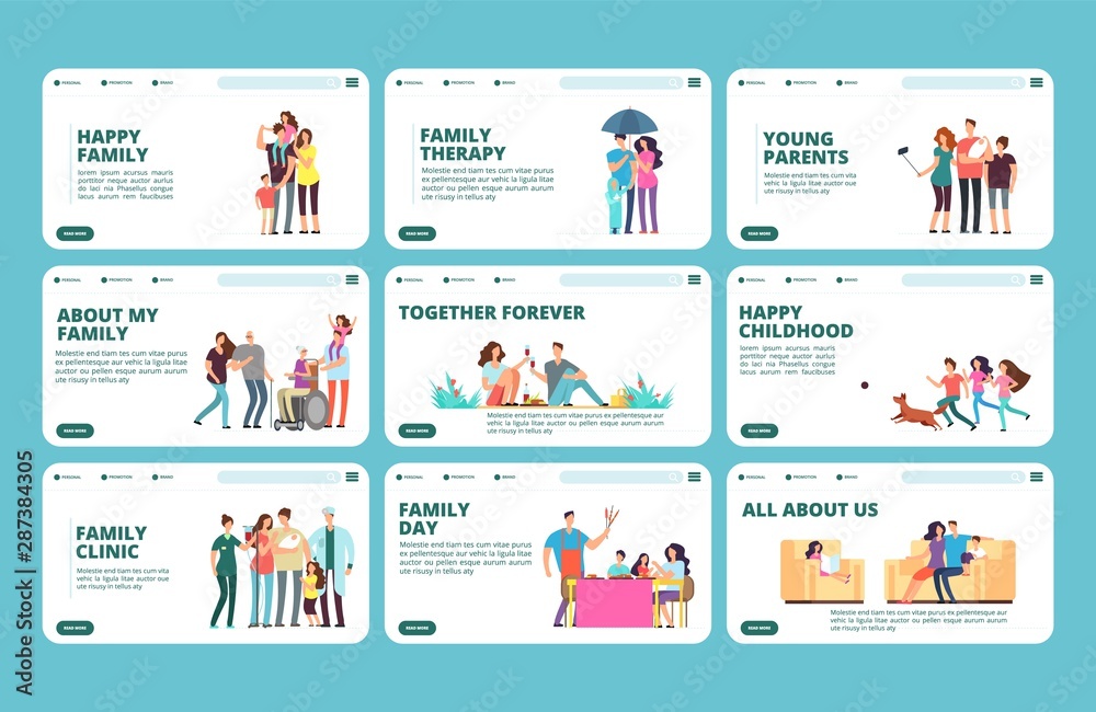 Family landing pages. Happy family, childhood, parenthood, grandparents vector banners collection. Illustration parenthood and motherhood, newborn and relationship