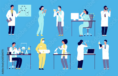 Scientists characters. People in white lab coat, chemical researcher with laboratory clinical equipment. Isolated cartoon vector set. Illustration research scientist, man in laboratory with equipment