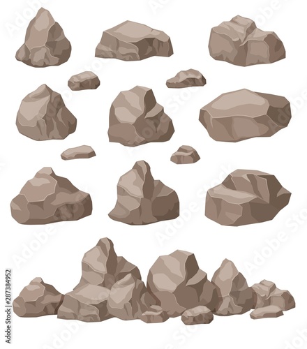 Rock stones. Cartoon stone isometric set. Granite boulders pile, natural building block materials. 3d game art isolated vector. Illustration boulder pile, mountain mineral block photo