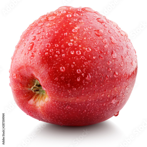 Single fresh wet red apple with drops isolated on white background. Red apple with clipping path. Full Depth of Field