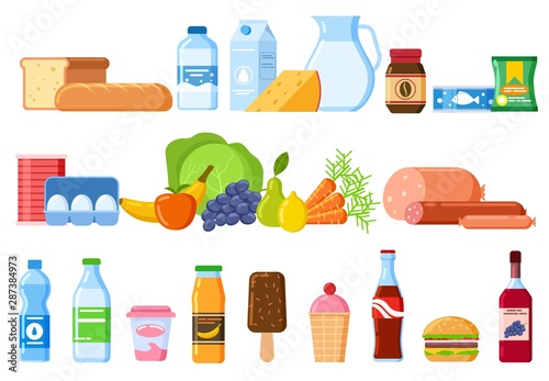 Food products. Bread and water bottles, juice and cheese. Eggs, fruit and sausages ice cream. Product and drinks flat vector icons. Illustration bread and juice, milk and cheese, water and sausage