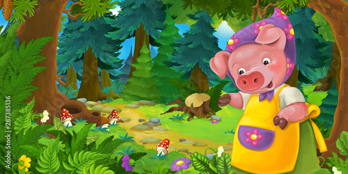 Fototapeta Naklejka Na Ścianę i Meble -  Cartoon fairy tale scene with pig farmer mother on the meadow in the forest - illustration for children