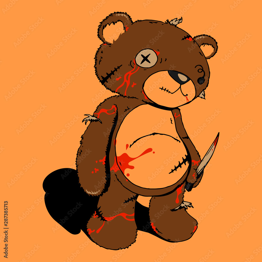 Ragged Teddy Bear carry kitchen Knife with blood hand drawn Cartoon Vector  Stock Vector | Adobe Stock