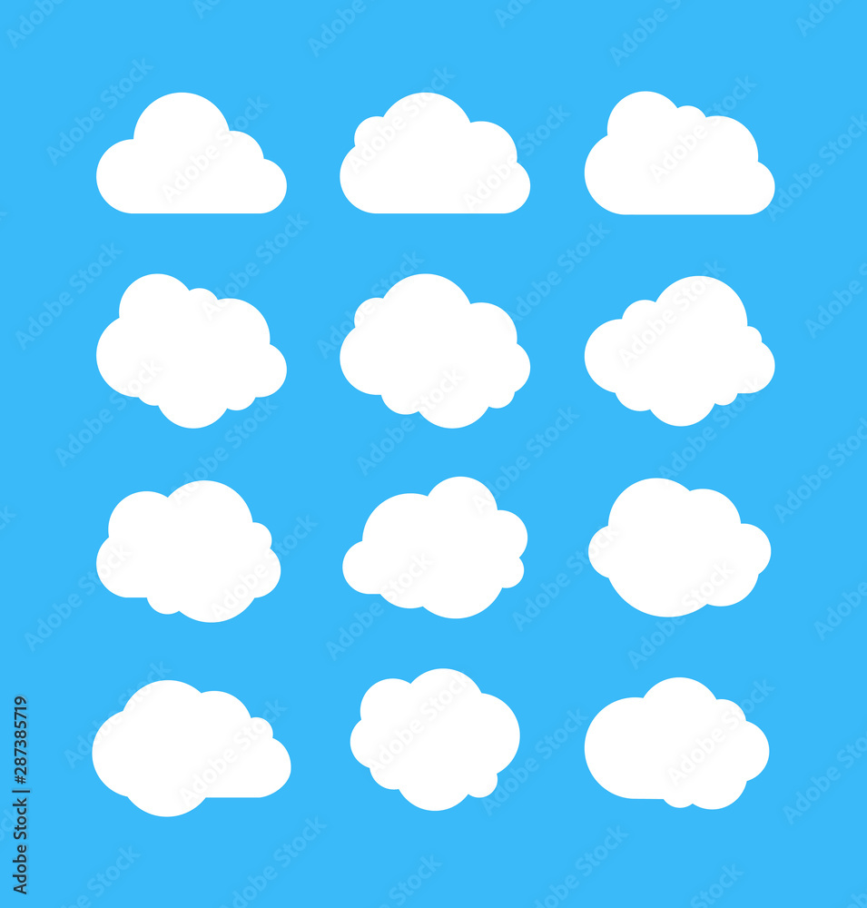 White simple clouds. Thinking bubbles, cloud message shapes. Cumulus isolated on blue background. Cartoon vector set of white cumulus clouds for message thinking illustration