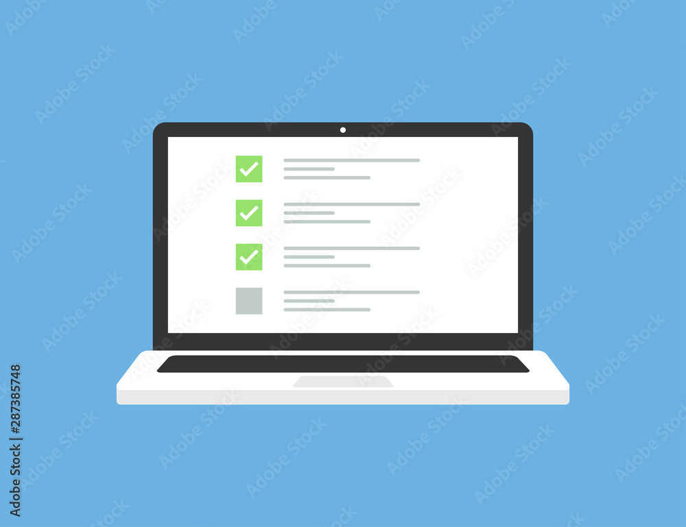 Laptop in trendy flat style with checklist on screen. Exam form. Questionnaire form test checklist survey concept. Notebook with checklist on display.