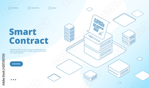 Smart contract concept. Ethereum cryptography technology. Contractor agreement with digital signature vector isometric landing page. Illustration crypto smart contract, transaction blockchain