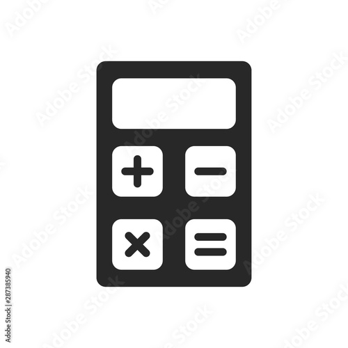 Modern flat black illustration on white backdrop. Calculator, math icon. Accounting sign. Isolated object.