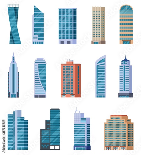 Flat skyscrapers. Exterior of modern city buildings. Residential and business office houses. Downtown facades. Isolated vector set. Illustration building office, urban residential skyscraper