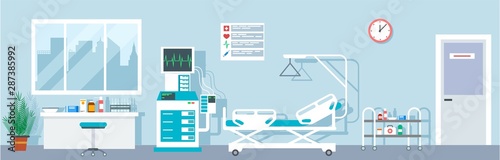 Hospital ward. Empty emergency room indoor. Intensive therapy rooms with bad, medical equipment. Vector flat interior ward, medical indoor hospital illustration photo