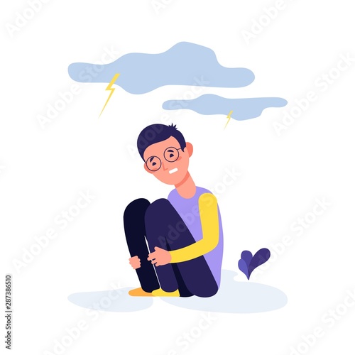 Depressed kid. Crying boy, tired sad child. Overworked child vector character. Kid boy sad, tired and cry, child sadness illustration