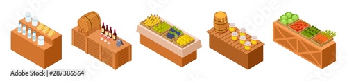 Farmers market stalls. Isometric traditional meal, vegetables and fruit. Vector wooden counters with fresh goods. Illustration organic market, farmers stand and stall with wine and honey