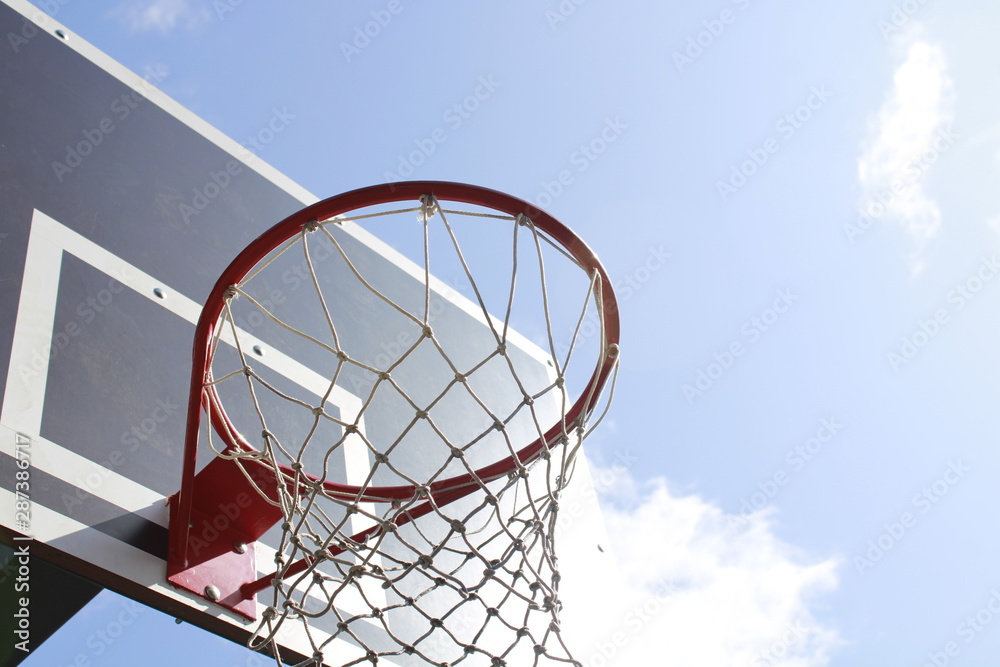 basketball hoop and net against blue sky