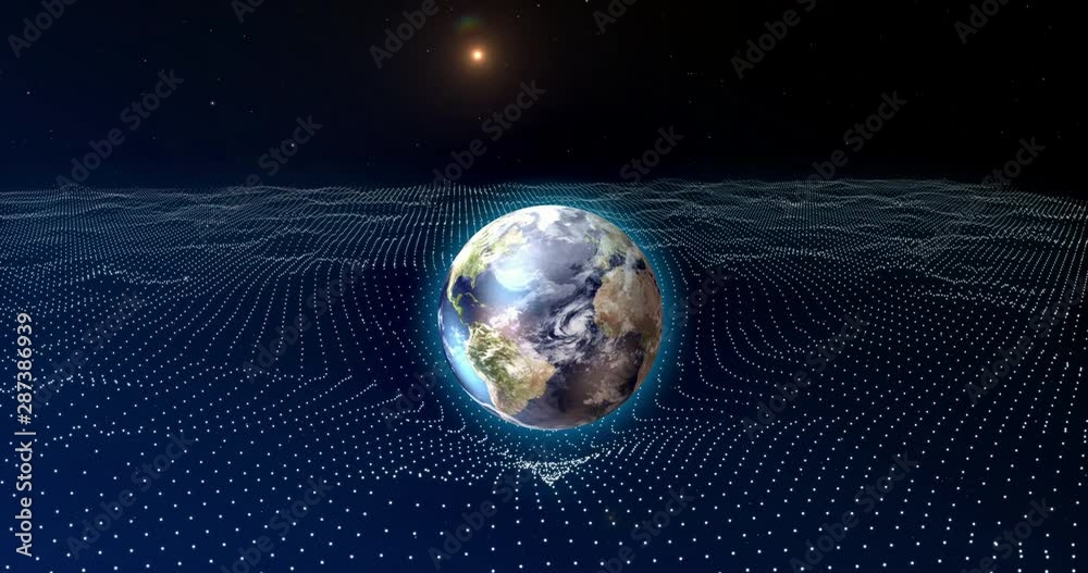 3d animation render about the performance of the spacetime curvature. This artistic representation spacetime which is being distorted by the presence of a massive body, represented as the planet Earth