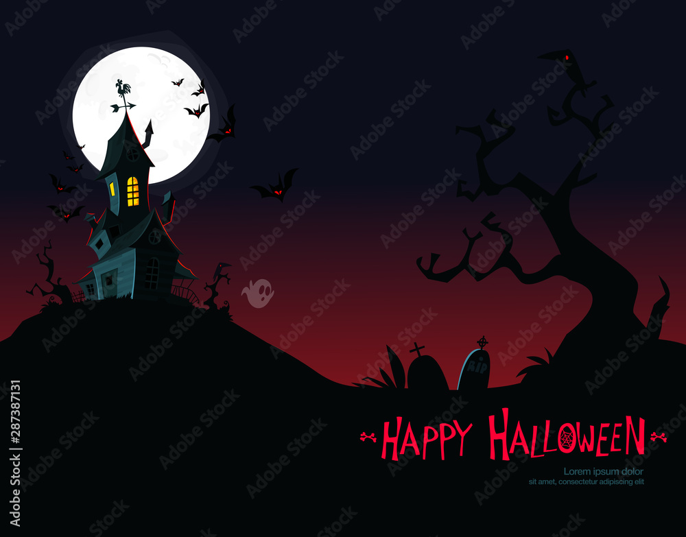 Happy halloween poster, fantasy concept with haunted house and horror background vector illustration