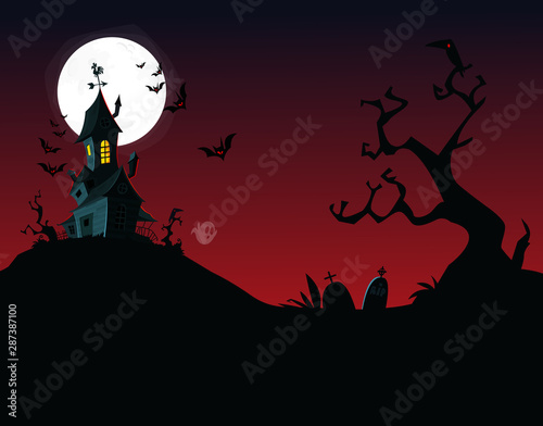 Halloween background with tombs, trees, bats, tombstones, gravey and hounted house