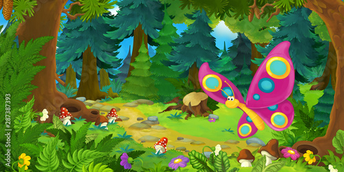 cartoon summer scene with deep forest and butterfly flying - nobody on scene - illustration for children