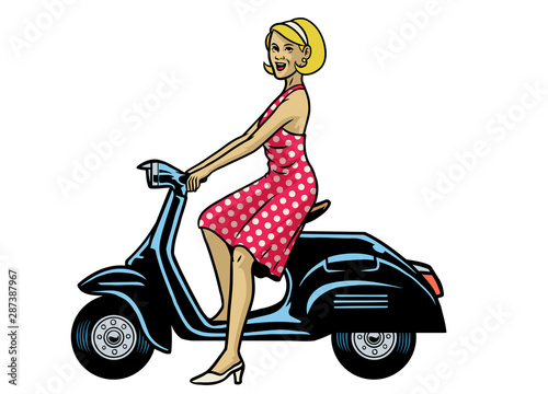 beautiful girl riding old vintage scooter