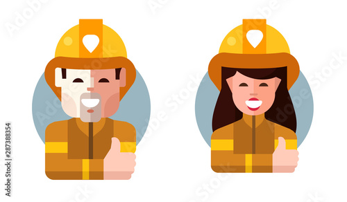 Rescue firefighters in safe helmet and uniform. Vector. The professional rescuers.