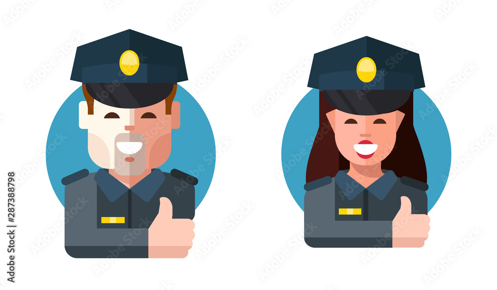 Set of policemans, man and woman. Vector illustration in a flat style Set of policemans, man and woman. Vector illustration in a flat style