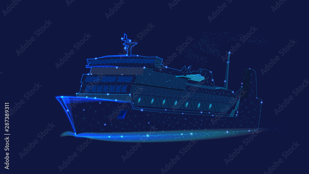 Fototapeta premium Ocean liner. Illustration of a ship made of polygons and points. Concept of business trip, travel or tourism, logistic, shipping. Background of beautiful dark blue night sky. Low poly.