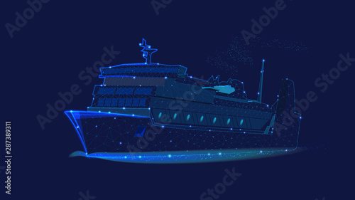 Ocean liner. Illustration of a ship made of polygons and points. Concept of business trip, travel or tourism, logistic, shipping. Background of beautiful dark blue night sky. Low poly.