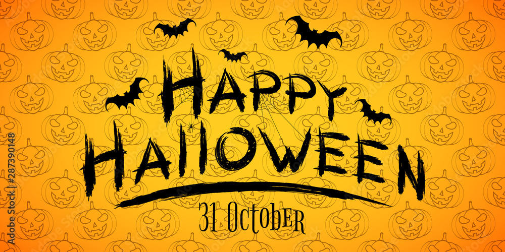 Happy Halloween text banner. Pumpkins seamless pattern. Horrible grunge calligraphy with bats and spiders on a dark background. Vector illustration