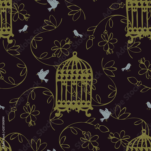 Luxury wallpaper seamless vector pattern with birds and bird cages. Dark brown wallpaper design.