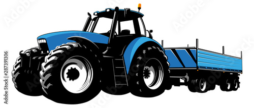 Blue tractor with trailer for transportation of goods. Agricultural machine. Tractor on a white background. Stock Vector illustration.