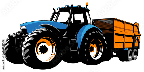 Blue tractor with dump truck. Agricultural machine. Tractor on a white background. Stock vector illustration