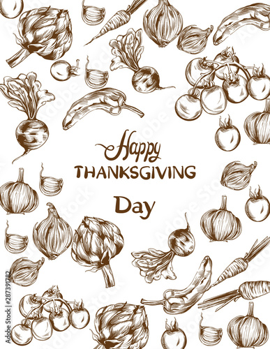 Happy Thanksgiving day Vector card. Autumn fall veggies harvests