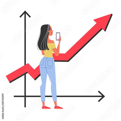 Happy woman standing at the graph pointing up