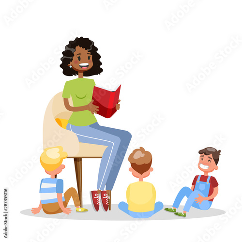 Woman read book for group of the children. Kids listen