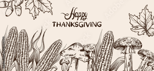 Happy Thanksgiving card line art Vector. Corn autumn harvest illustrations