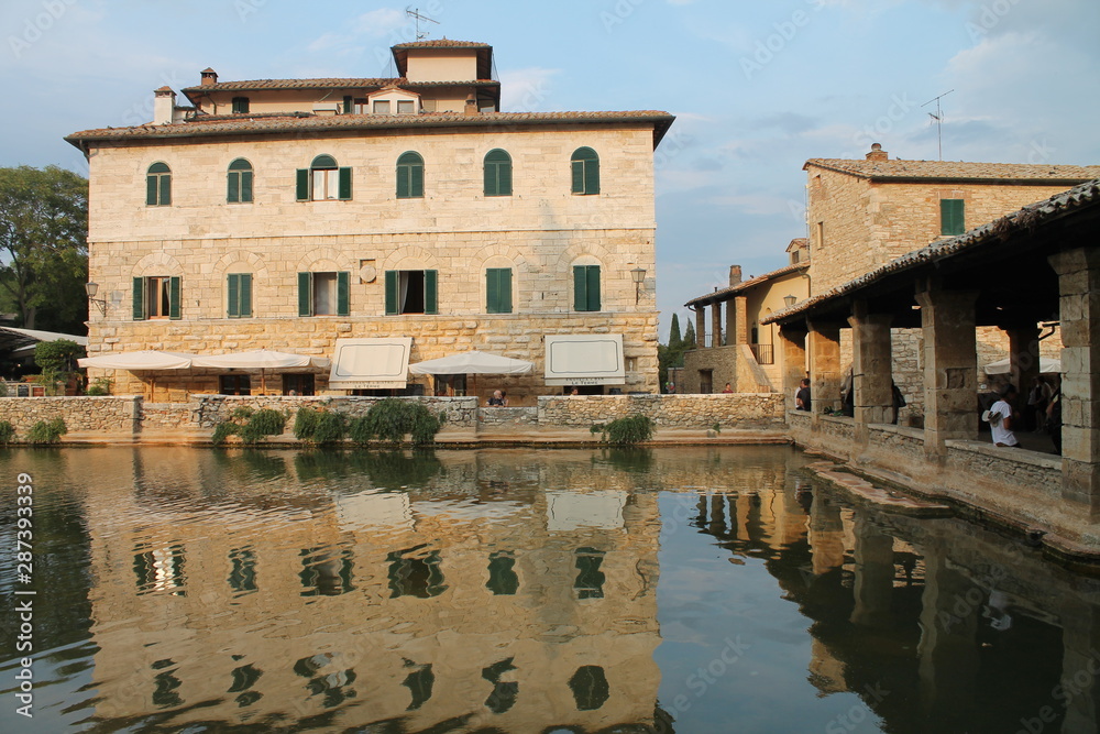 Medieval thermal baths in village Bagno Vignoni, Tuscany, Italy