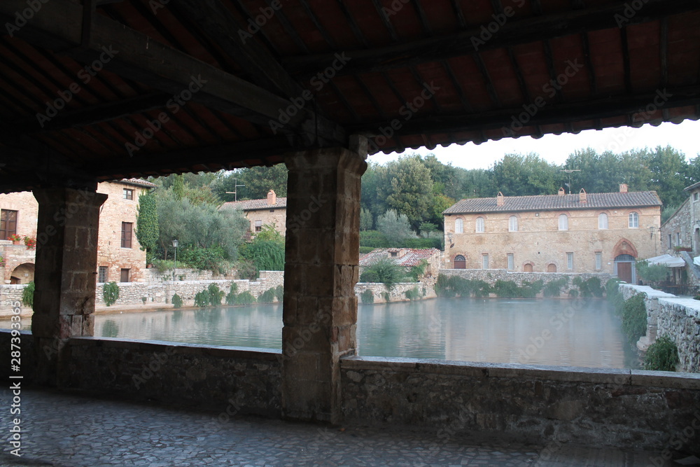 Medieval thermal baths in village Bagno Vignoni, Tuscany, Italy