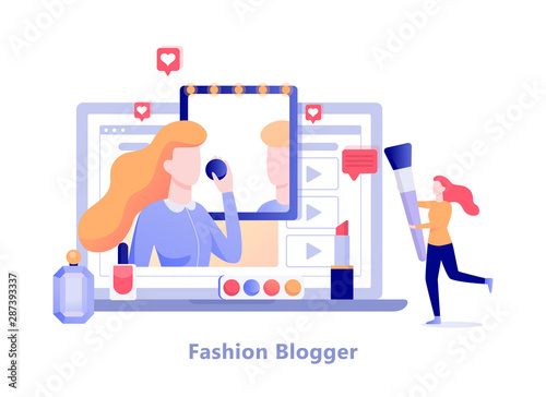 Fashion blogger on the computer screen. Video blog