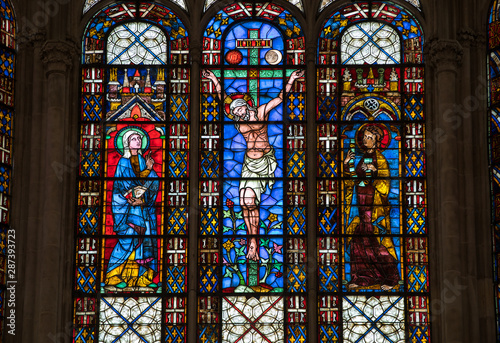 Colorful stained glass windows in  Basilique Saint-Urbain  13th century gothic church in Troyes  France.