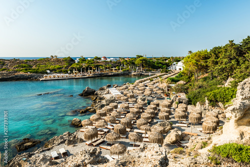 Fototapeta Naklejka Na Ścianę i Meble -  Kallithea Spring and Beach at Turquoise Sea , Sunny Day, Rhodes,Greece