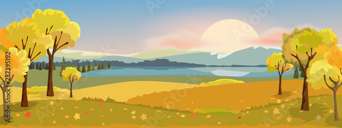 Panorama autumn landscape with yellow trees mountain and lake. Fantasy wonderland landscape in fall season. Vector illustration.