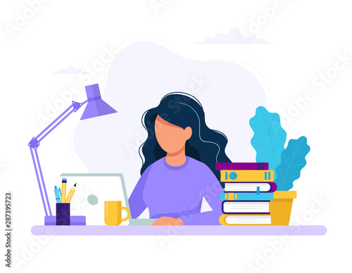 Woman with laptop, education or working concept. Table with books, lamp, coffee cup. Vector illustration in flat style