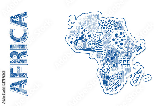Africa continent map. Sketch hand drawn. Blue