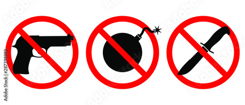 Weapons are prohibited icons set. Guns, knives, bombs are banned. Weapons in the red prohibition sign isolated  set symbols on white background. Vector illustration