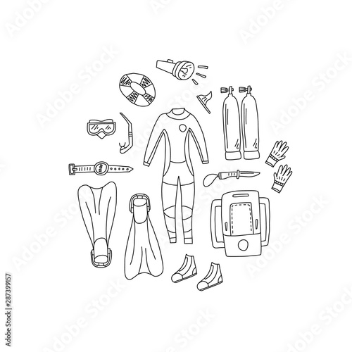 Advertising banner hand drawn scuba gear cartoon.