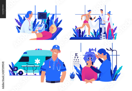 Set of medical insurance - ultrasonography, ultrasound, cardiac stress test, ambulance transport emergency evacuation, eye tests prescription glasses - modern flat vector concept digital illustrations