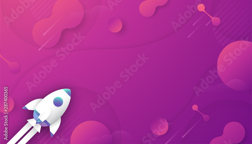 Rocket is flying in galaxy space of the universe. Abstract gradient background in liquid and fluid style. Trend creation of the world. 3D illustration template design in paper cut and craft.