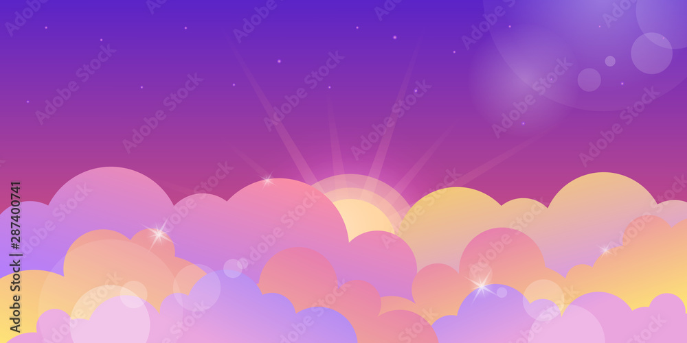 Blue and violet sunset sky and rose clouds. Cartoon vector illustration background