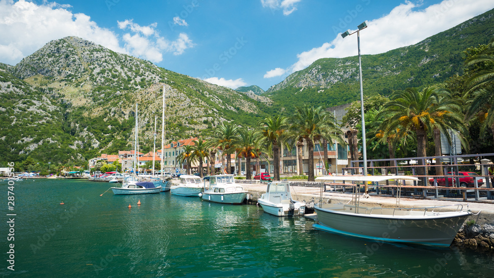 Montenegro. Bay of Kotor. Risan. Harbor and boats.