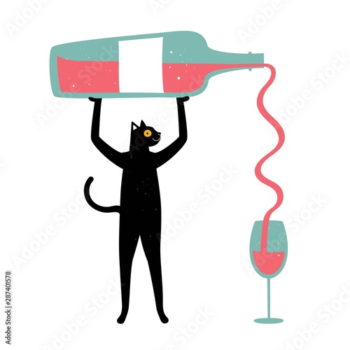 Vector illustration with big bottle of red wine and blue glass. Funny print design, home or bar decoration